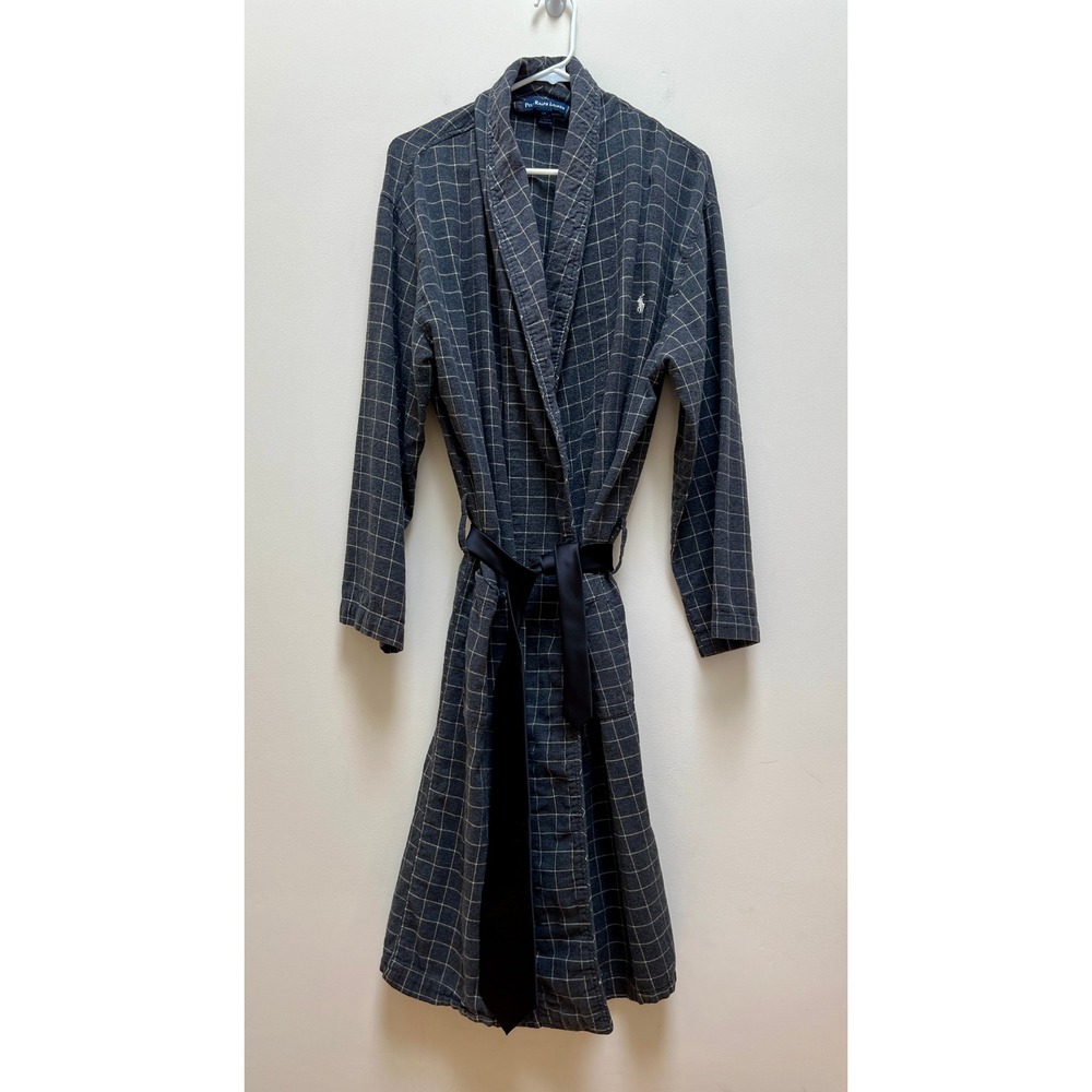 Polo Ralph Lauren Robe Mens S/M Grey Windowpane Plaid Cotton Shawl Collar *READ